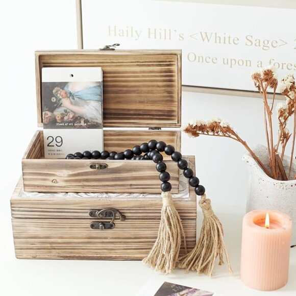 NEW Set of 2 - Wooden Box Rustic Farmhouse Decorative Boxes with Hinged Lid - Picture 4 of 10